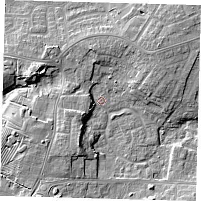 Shaded relief map of the ground around DN345XU, computed from Environment Agency LiDAR. The ground here sits at about 3 m above sea level and falls 10 m across the surrounding 800 m. Surface water reaching this point runs off ground lying to the south-south-west, 9.1 m higher.