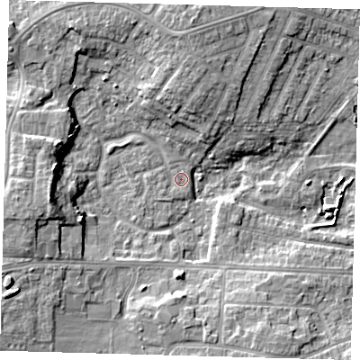 Shaded relief map of the ground around DN345XW, computed from Environment Agency LiDAR. The ground here sits at about 3 m above sea level and falls 11 m across the surrounding 800 m. Surface water reaching this point runs off ground lying to the south-west, 0.8 m higher.