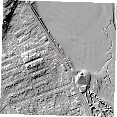 Shaded relief map of the ground around DN350AB, computed from Environment Agency LiDAR. The ground here sits at about 6 m above sea level and falls 12 m across the surrounding 800 m. Surface water reaching this point runs off ground lying to the north-west, 7.0 m higher.