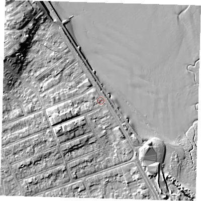 Shaded relief map of the ground around DN350AD, computed from Environment Agency LiDAR. The ground here sits at about 7 m above sea level and falls 12 m across the surrounding 800 m. Surface water reaching this point runs off ground lying to the north-west, 7.0 m higher.