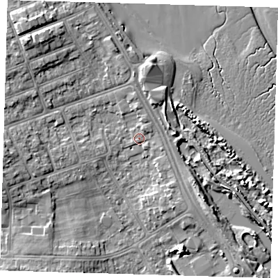 Shaded relief map of the ground around DN350AF, computed from Environment Agency LiDAR. The ground here sits at about 5 m above sea level and falls 8 m across the surrounding 800 m. Surface water reaching this point runs off ground lying to the south-east, 3.9 m higher.