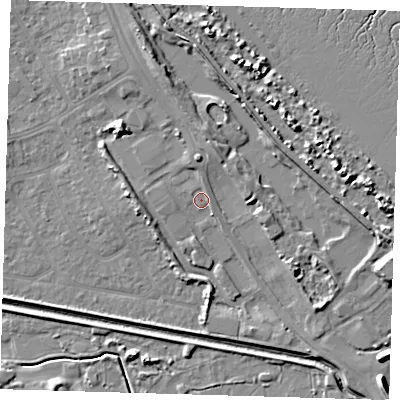 Shaded relief map of the ground around DN350AG, computed from Environment Agency LiDAR. The ground here sits at about 4 m above sea level and falls 7 m across the surrounding 800 m. Surface water reaching this point runs off ground lying to the north-north-east, 3.9 m higher.