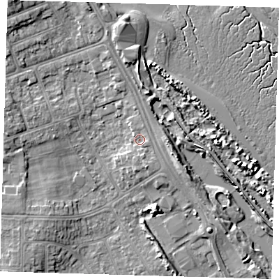 Shaded relief map of the ground around DN350AH, computed from Environment Agency LiDAR. The ground here sits at about 5 m above sea level and falls 8 m across the surrounding 800 m. Surface water reaching this point runs off ground lying to the south-south-east, 1.7 m higher.