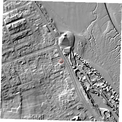 Shaded relief map of the ground around DN350AJ, computed from Environment Agency LiDAR. The ground here sits at about 6 m above sea level and falls 8 m across the surrounding 800 m. Surface water reaching this point runs off ground lying to the north, 0.6 m higher.