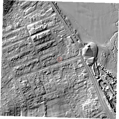 Shaded relief map of the ground around DN350AL, computed from Environment Agency LiDAR. The ground here sits at about 4 m above sea level and falls 8 m across the surrounding 800 m. Surface water reaching this point runs off ground lying to the north-west, 4.8 m higher.