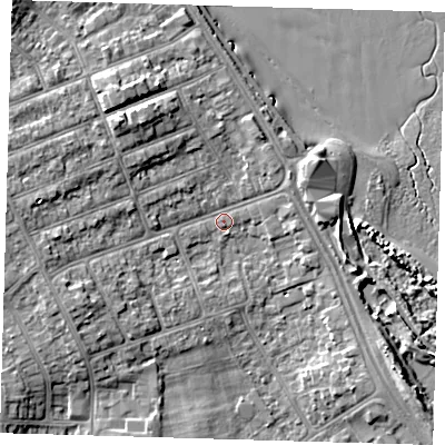 Shaded relief map of the ground around DN350AN, computed from Environment Agency LiDAR. The ground here sits at about 4 m above sea level and falls 7 m across the surrounding 800 m. Surface water reaching this point runs off ground lying to the north-west, 4.9 m higher.