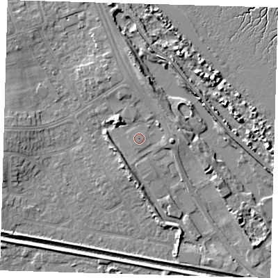 Shaded relief map of the ground around DN350AQ, computed from Environment Agency LiDAR. The ground here sits at about 4 m above sea level and falls 6 m across the surrounding 800 m. The ground contributing surface water to this point lies to the north-east.