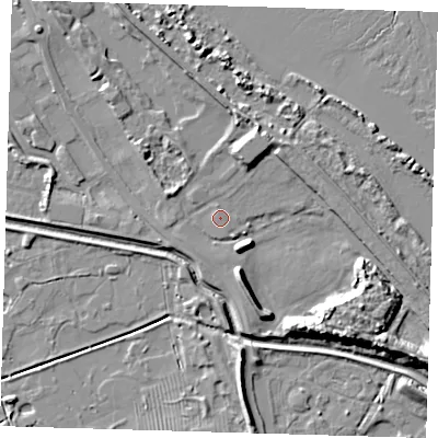 Shaded relief map of the ground around DN350AR, computed from Environment Agency LiDAR. The ground here sits at about 5 m above sea level and falls 10 m across the surrounding 800 m. Surface water reaching this point runs off ground lying to the north-north-east, 4.2 m higher.