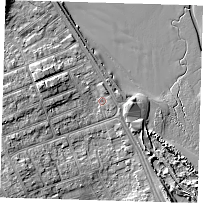 Shaded relief map of the ground around DN350AT, computed from Environment Agency LiDAR. The ground here sits at about 6 m above sea level and falls 9 m across the surrounding 800 m. Surface water reaching this point runs off ground lying to the north-north-east, 1.6 m higher.