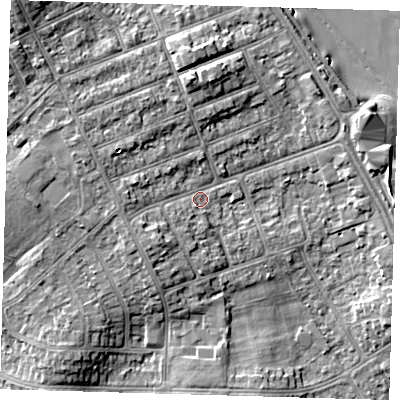 Shaded relief map of the ground around DN350AW, computed from Environment Agency LiDAR. The ground here sits at about 5 m above sea level and falls 9 m across the surrounding 800 m. Surface water reaching this point runs off ground lying to the south-west, 2.7 m higher.