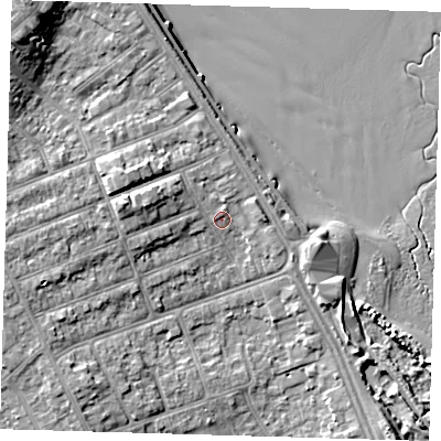 Shaded relief map of the ground around DN350AX, computed from Environment Agency LiDAR. The ground here sits at about 6 m above sea level and falls 11 m across the surrounding 800 m. Surface water reaching this point runs off ground lying to the west, 3.5 m higher.