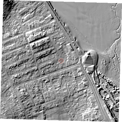 Shaded relief map of the ground around DN350AY, computed from Environment Agency LiDAR. The ground here sits at about 5 m above sea level and falls 10 m across the surrounding 800 m. Surface water reaching this point runs off ground lying to the west-north-west, 4.3 m higher.