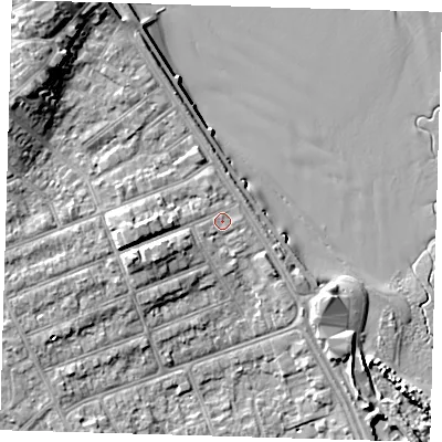 Shaded relief map of the ground around DN350BB, computed from Environment Agency LiDAR. The ground here sits at about 6 m above sea level and falls 12 m across the surrounding 800 m. Surface water reaching this point runs off ground lying to the west-south-west, 2.8 m higher.
