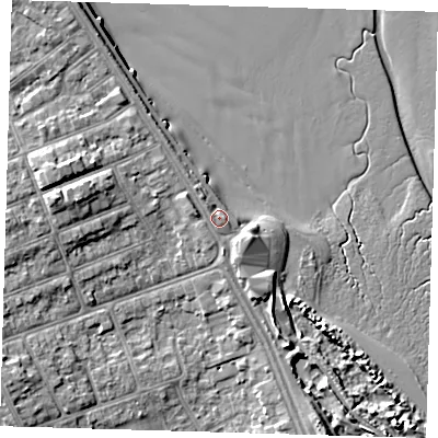 Shaded relief map of the ground around DN350BY, computed from Environment Agency LiDAR. The ground here sits at about 6 m above sea level and falls 8 m across the surrounding 800 m. Surface water reaching this point runs off ground lying to the west, 3.1 m higher.