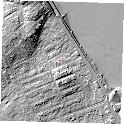 Shaded relief map of the ground around DN350DF, computed from Environment Agency LiDAR. The ground here sits at about 7 m above sea level and falls 13 m across the surrounding 800 m. Surface water reaching this point runs off ground lying to the south-south-west, 2.3 m higher.