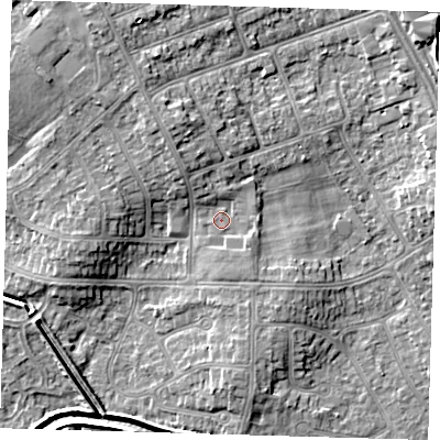 Shaded relief map of the ground around DN350DN, computed from Environment Agency LiDAR. The ground here sits at about 5 m above sea level and falls 7 m across the surrounding 800 m. Surface water reaching this point runs off ground lying to the north-west, 1.8 m higher.