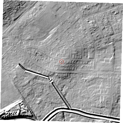 Shaded relief map of the ground around DN350DR, computed from Environment Agency LiDAR. The ground here sits at about 7 m above sea level and falls 10 m across the surrounding 800 m. The ground contributing surface water to this point lies to the south-east.