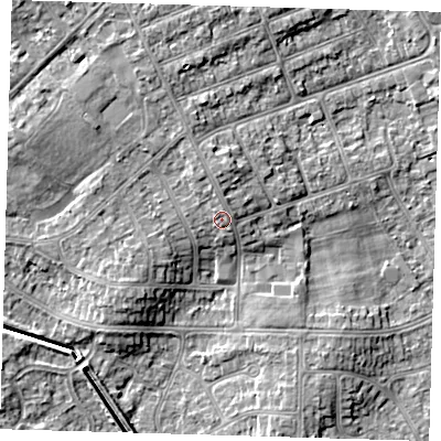 Shaded relief map of the ground around DN350DW, computed from Environment Agency LiDAR. The ground here sits at about 7 m above sea level and falls 7 m across the surrounding 800 m. Surface water reaching this point runs off ground lying to the north, 1.5 m higher.