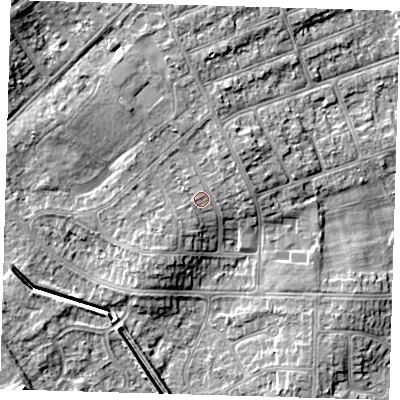 Shaded relief map of the ground around DN350DX, computed from Environment Agency LiDAR. The ground here sits at about 6 m above sea level and falls 9 m across the surrounding 800 m. Surface water reaching this point runs off ground lying to the north, 2.3 m higher.
