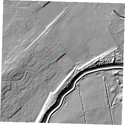 Shaded relief map of the ground around DN350EA, computed from Environment Agency LiDAR. The ground here sits at about 4 m above sea level and falls 10 m across the surrounding 800 m. Surface water reaching this point runs off ground lying to the west, 8.5 m higher.