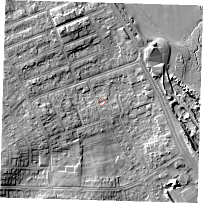 Shaded relief map of the ground around DN350EF, computed from Environment Agency LiDAR. The ground here sits at about 4 m above sea level and falls 7 m across the surrounding 800 m. Surface water reaching this point runs off ground lying to the south-west, 0.8 m higher.