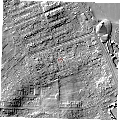 Shaded relief map of the ground around DN350EJ, computed from Environment Agency LiDAR. The ground here sits at about 5 m above sea level and falls 7 m across the surrounding 800 m. Surface water reaching this point runs off ground lying to the south-east, 0.8 m higher.