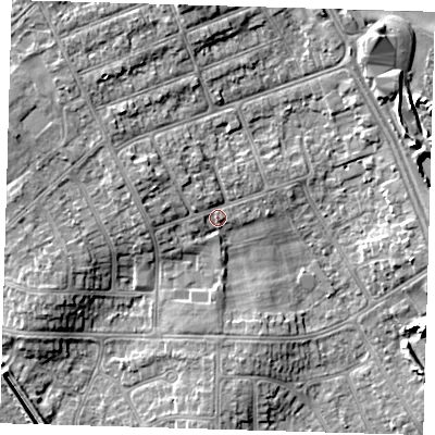 Shaded relief map of the ground around DN350EL, computed from Environment Agency LiDAR. The ground here sits at about 5 m above sea level and falls 6 m across the surrounding 800 m. Surface water reaching this point runs off ground lying to the west-north-west, 3.0 m higher.