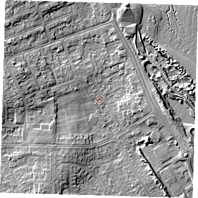 Shaded relief map of the ground around DN350EN, computed from Environment Agency LiDAR. The ground here sits at about 3 m above sea level and falls 6 m across the surrounding 800 m. Surface water reaching this point runs off ground lying to the north-west, 4.8 m higher.