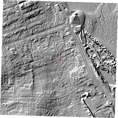 Shaded relief map of the ground around DN350EP, computed from Environment Agency LiDAR. The ground here sits at about 4 m above sea level and falls 7 m across the surrounding 800 m. Surface water reaching this point runs off ground lying to the north-west, 5.7 m higher.