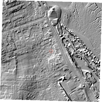 Shaded relief map of the ground around DN350ES, computed from Environment Agency LiDAR. The ground here sits at about 4 m above sea level and falls 8 m across the surrounding 800 m. Surface water reaching this point runs off ground lying to the south-east, 2.5 m higher.