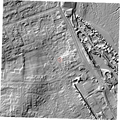 Shaded relief map of the ground around DN350ET, computed from Environment Agency LiDAR. The ground here sits at about 4 m above sea level and falls 6 m across the surrounding 800 m. Surface water reaching this point runs off ground lying to the east, 2.3 m higher.
