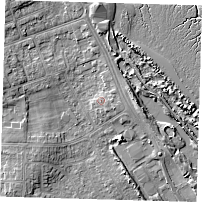 Shaded relief map of the ground around DN350EU, computed from Environment Agency LiDAR. The ground here sits at about 5 m above sea level and falls 7 m across the surrounding 800 m. Surface water reaching this point runs off ground lying to the east-south-east, 0.9 m higher.