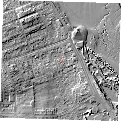 Shaded relief map of the ground around DN350EW, computed from Environment Agency LiDAR. The ground here sits at about 4 m above sea level and falls 8 m across the surrounding 800 m. Surface water reaching this point runs off ground lying to the north-west, 5.3 m higher.