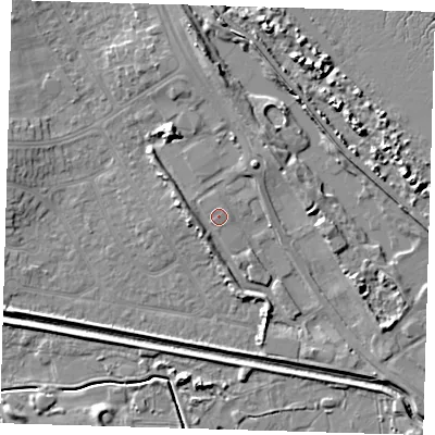 Shaded relief map of the ground around DN350FB, computed from Environment Agency LiDAR. The ground here sits at about 4 m above sea level and falls 7 m across the surrounding 800 m. Surface water reaching this point runs off ground lying to the west, 2.6 m higher.