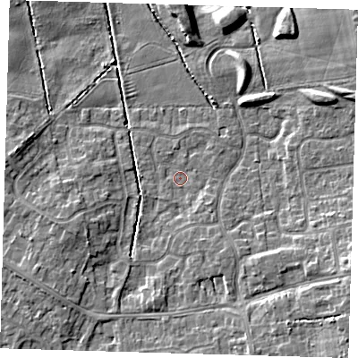 Shaded relief map of the ground around DN350FE, computed from Environment Agency LiDAR. The ground here sits at about 3 m above sea level and falls 7 m across the surrounding 800 m. Surface water reaching this point runs off ground lying to the south-south-east, 0.7 m higher.