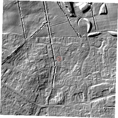 Shaded relief map of the ground around DN350FG, computed from Environment Agency LiDAR. The ground here sits at about 3 m above sea level and falls 6 m across the surrounding 800 m. Surface water reaching this point runs off ground lying to the south-east, 5.3 m higher.