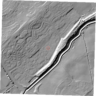 Shaded relief map of the ground around DN350HD, computed from Environment Agency LiDAR. The ground here sits at about 5 m above sea level and falls 12 m across the surrounding 800 m. Surface water reaching this point runs off ground lying to the west, 11.2 m higher.