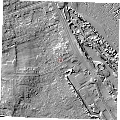 Shaded relief map of the ground around DN350HE, computed from Environment Agency LiDAR. The ground here sits at about 4 m above sea level and falls 6 m across the surrounding 800 m. Surface water reaching this point runs off ground lying to the north-east, 2.8 m higher.