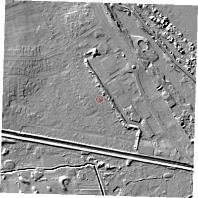 Shaded relief map of the ground around DN350HF, computed from Environment Agency LiDAR. The ground here sits at about 4 m above sea level and falls 7 m across the surrounding 800 m. Surface water reaching this point runs off ground lying to the north-east, 4.7 m higher.