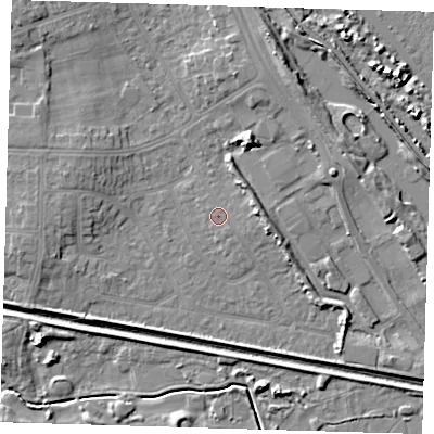 Shaded relief map of the ground around DN350HG, computed from Environment Agency LiDAR. The ground here sits at about 3 m above sea level and falls 7 m across the surrounding 800 m. Surface water reaching this point runs off ground lying to the east-south-east, 3.4 m higher.