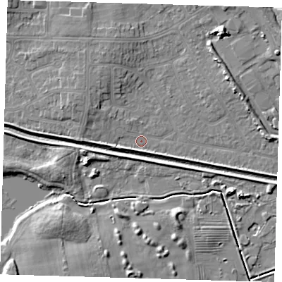 Shaded relief map of the ground around DN350HJ, computed from Environment Agency LiDAR. The ground here sits at about 3 m above sea level and falls 7 m across the surrounding 800 m. Surface water reaching this point runs off ground lying to the north-west, 2.8 m higher.