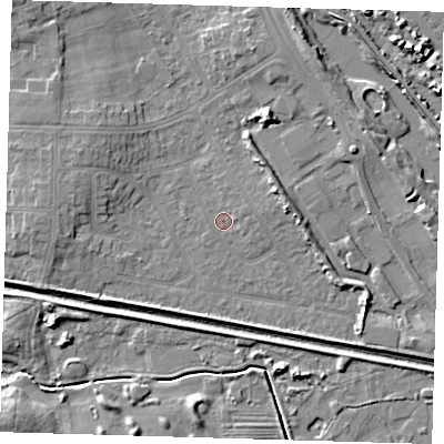 Shaded relief map of the ground around DN350HN, computed from Environment Agency LiDAR. The ground here sits at about 3 m above sea level and falls 7 m across the surrounding 800 m. Surface water reaching this point runs off ground lying to the east, 3.4 m higher.