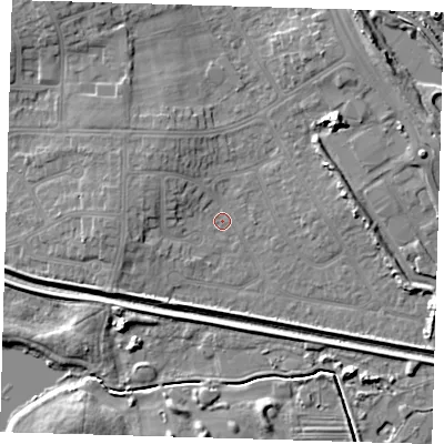 Shaded relief map of the ground around DN350HP, computed from Environment Agency LiDAR. The ground here sits at about 3 m above sea level and falls 7 m across the surrounding 800 m. Surface water reaching this point runs off ground lying to the north-east, 5.3 m higher.