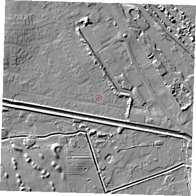 Shaded relief map of the ground around DN350HQ, computed from Environment Agency LiDAR. The ground here sits at about 3 m above sea level and falls 7 m across the surrounding 800 m. Surface water reaching this point runs off ground lying to the north-north-east, 4.7 m higher.