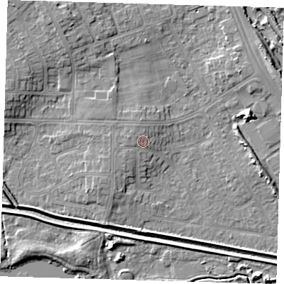Shaded relief map of the ground around DN350HR, computed from Environment Agency LiDAR. The ground here sits at about 5 m above sea level and falls 7 m across the surrounding 800 m. Surface water reaching this point runs off ground lying to the north-west, 1.2 m higher.