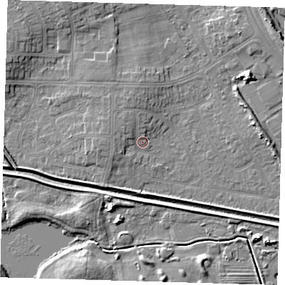 Shaded relief map of the ground around DN350HS, computed from Environment Agency LiDAR. The ground here sits at about 4 m above sea level and falls 7 m across the surrounding 800 m. Surface water reaching this point runs off ground lying to the west, 2.2 m higher.