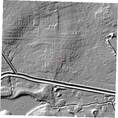 Shaded relief map of the ground around DN350HT, computed from Environment Agency LiDAR. The ground here sits at about 5 m above sea level and falls 6 m across the surrounding 800 m. Surface water reaching this point runs off ground lying to the west-south-west, 0.8 m higher.