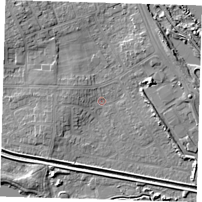 Shaded relief map of the ground around DN350HW, computed from Environment Agency LiDAR. The ground here sits at about 3 m above sea level and falls 7 m across the surrounding 800 m. Surface water reaching this point runs off ground lying to the west-south-west, 2.9 m higher.