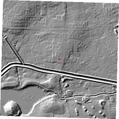Shaded relief map of the ground around DN350HX, computed from Environment Agency LiDAR. The ground here sits at about 5 m above sea level and falls 8 m across the surrounding 800 m. Surface water reaching this point runs off ground lying to the north-north-west, 0.9 m higher.