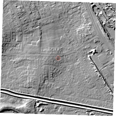 Shaded relief map of the ground around DN350HY, computed from Environment Agency LiDAR. The ground here sits at about 4 m above sea level and falls 7 m across the surrounding 800 m. Surface water reaching this point runs off ground lying to the west, 1.8 m higher.